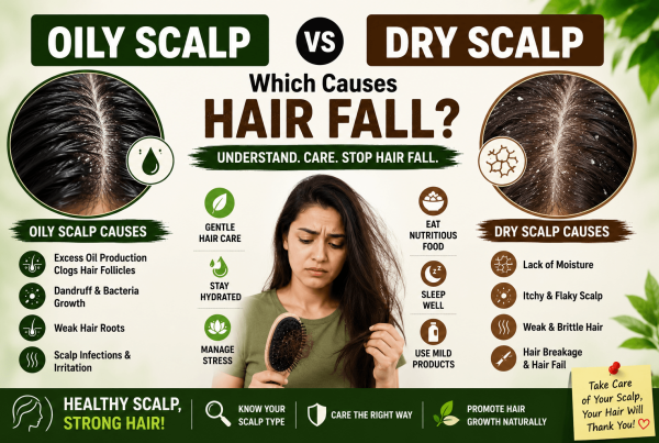Featured image comparing oily scalp and dry scalp causes of hair fall including dandruff itchiness weak hair roots scalp irritation and hair breakage