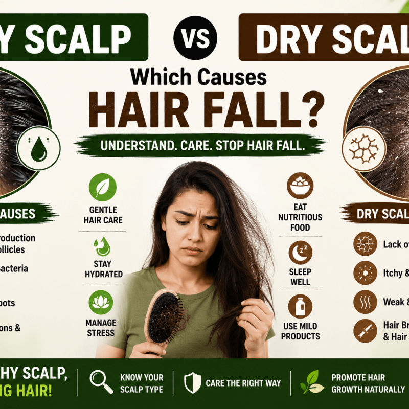 Featured image comparing oily scalp and dry scalp causes of hair fall including dandruff itchiness weak hair roots scalp irritation and hair breakage