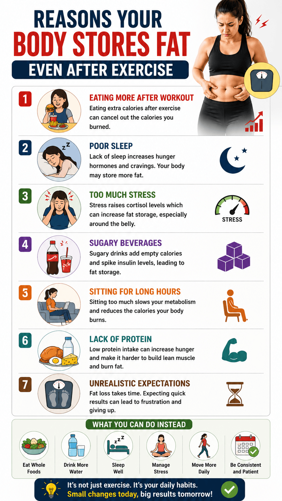 Vertical infographic showing reasons the body stores fat even after exercise such as poor sleep stress sugary beverages low protein intake prolonged sitting and overeating after workouts