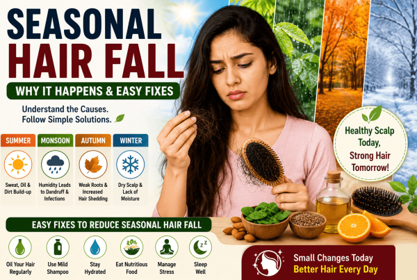 Featured image showing seasonal hair fall causes during summer monsoon autumn and winter with natural solutions for healthy scalp and stronger hair
