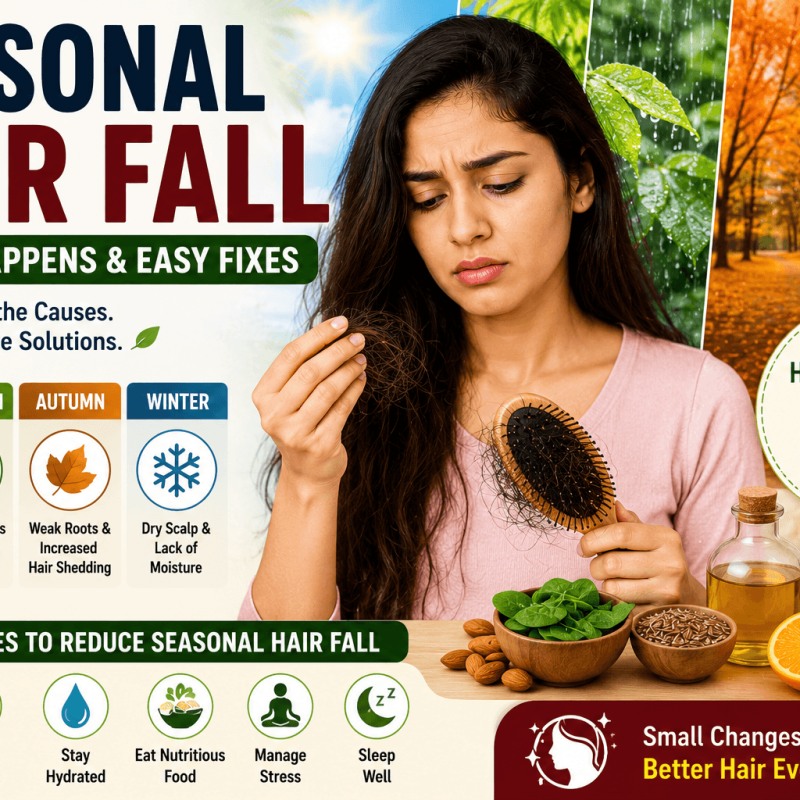 Featured image showing seasonal hair fall causes during summer monsoon autumn and winter with natural solutions for healthy scalp and stronger hair