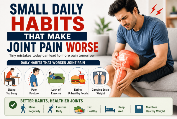 Featured image showing small daily habits that worsen joint pain such as poor posture prolonged sitting unhealthy eating lack of exercise and extra body weight