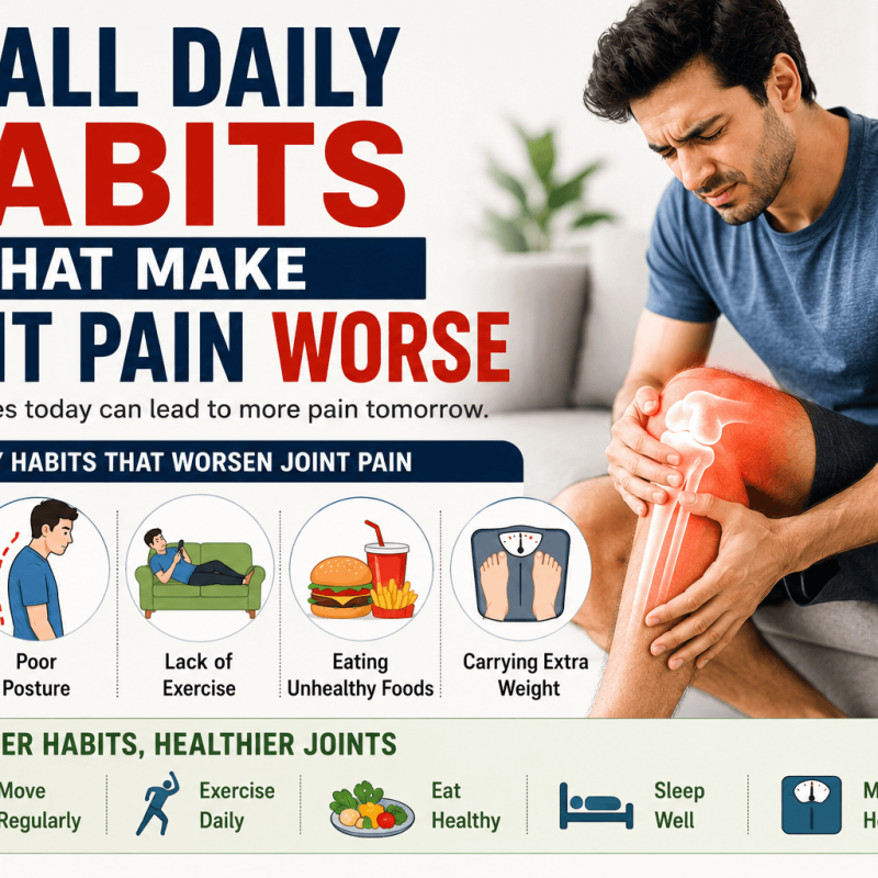 Featured image showing small daily habits that worsen joint pain such as poor posture prolonged sitting unhealthy eating lack of exercise and extra body weight
