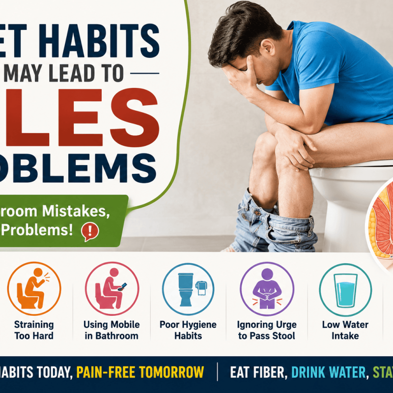 Featured image showing toilet habits that cause piles problems such as straining sitting too long mobile use in bathroom constipation low water intake and poor hygiene