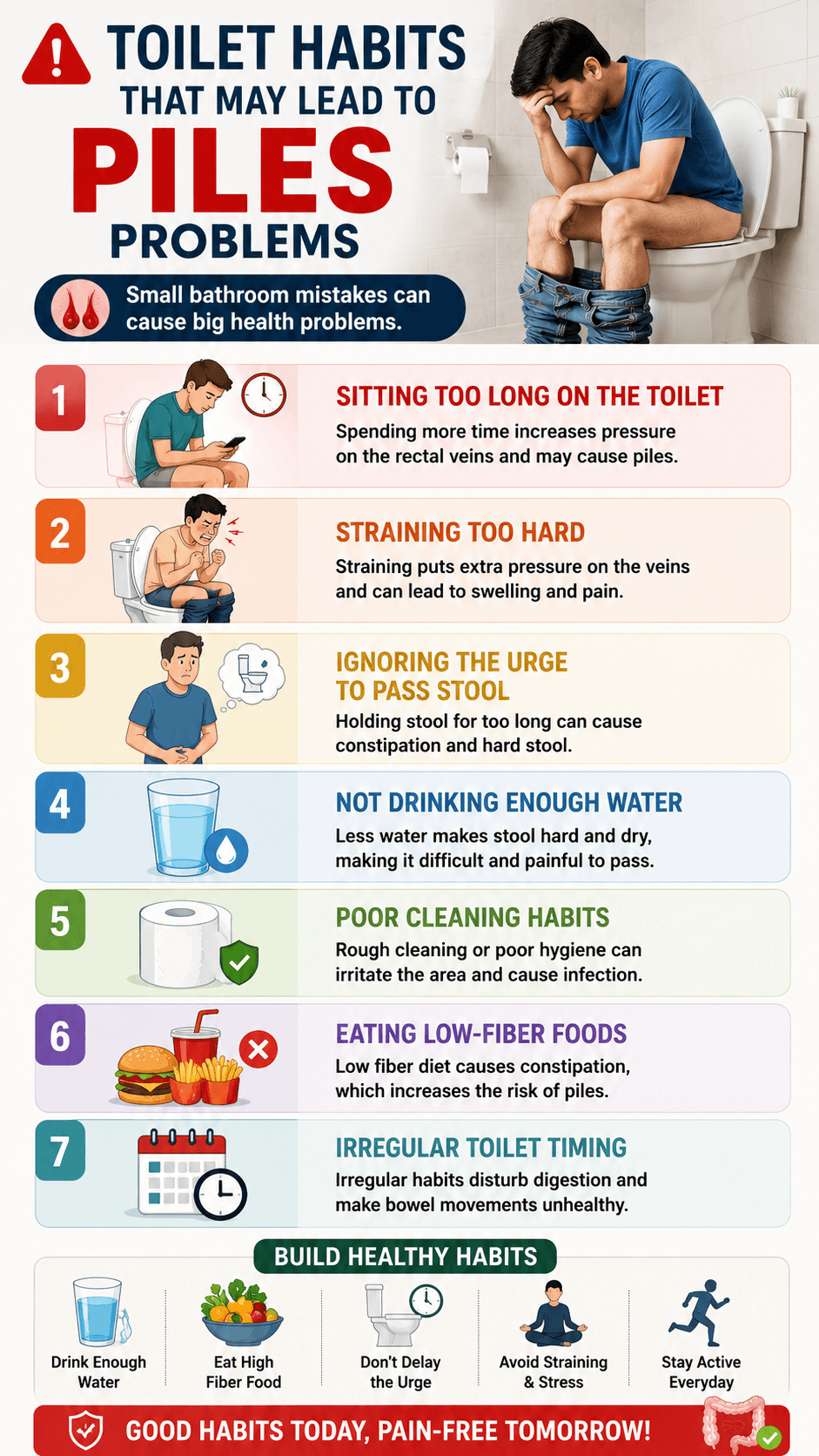 Infographic showing toilet habits that may lead to piles problems such as straining sitting too long ignoring stool urge low fiber diet and poor toilet hygiene