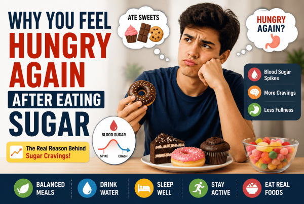 Featured image showing why sugar causes hunger again including blood sugar spikes cravings low fullness energy crash and sweet food cravings