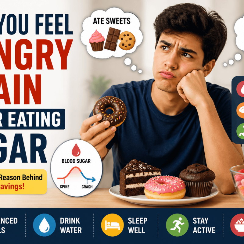 Featured image showing why sugar causes hunger again including blood sugar spikes cravings low fullness energy crash and sweet food cravings