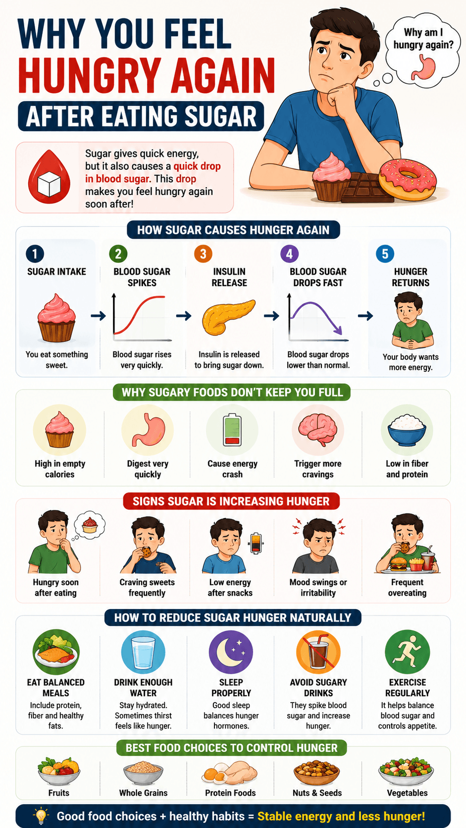 Infographic showing why eating sugar makes you hungry again including blood sugar spikes insulin release energy crash cravings and ways to control sugar hunger naturally