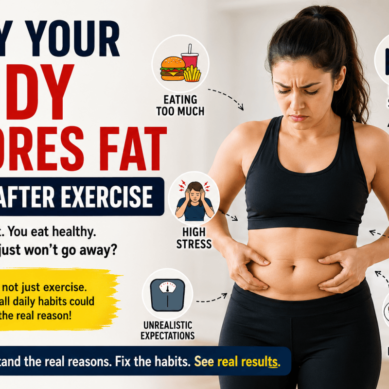 Featured image showing reasons why the body stores fat even after exercise including poor sleep stress sugary drinks prolonged sitting low protein intake and slow fat loss