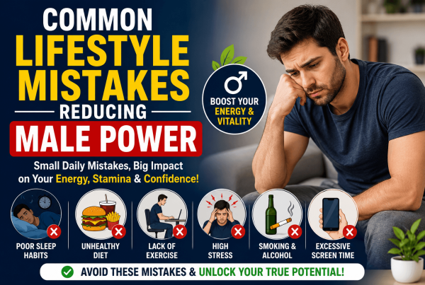 Featured image showing common lifestyle mistakes that reduce male power such as poor sleep unhealthy diet stress lack of exercise smoking alcohol consumption and excessive screen time