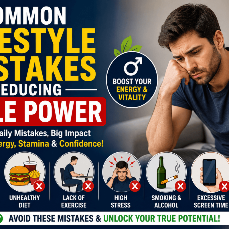 Featured image showing common lifestyle mistakes that reduce male power such as poor sleep unhealthy diet stress lack of exercise smoking alcohol consumption and excessive screen time