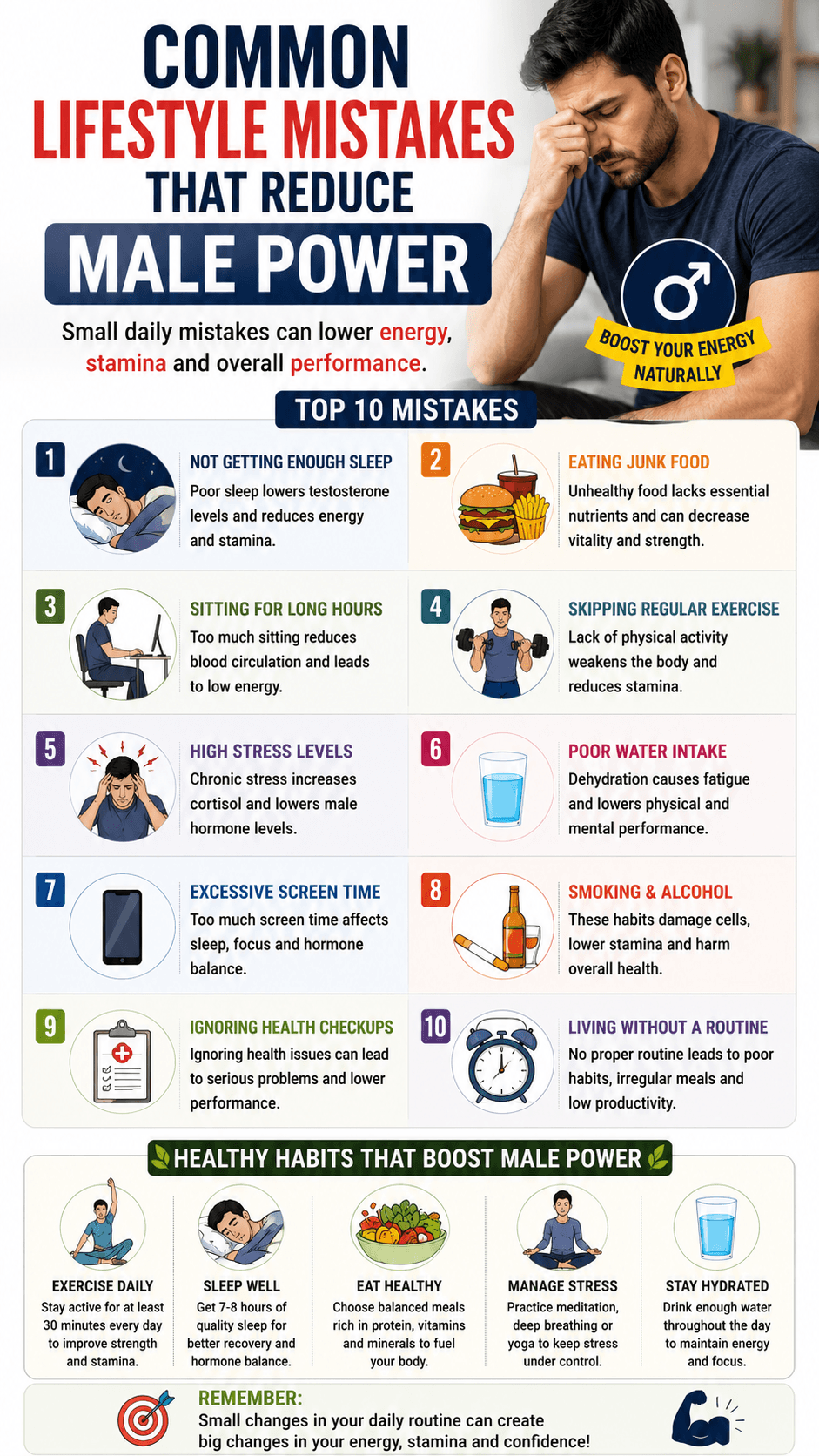 Vertical infographic showing common lifestyle mistakes that reduce male power such as poor sleep unhealthy diet prolonged sitting lack of exercise stress low water intake excessive screen time smoking alcohol and poor daily habits