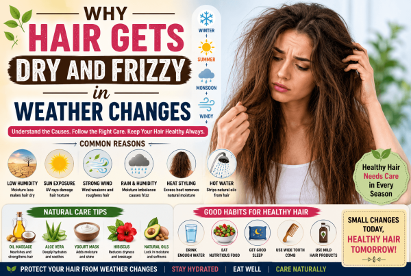 SEO-optimized infographic showing why hair gets dry and frizzy during weather changes, including moisture loss, humidity, heat styling, hot water, and healthy hair care tips like oiling, hydration, balanced nutrition, and gentle cleansing.