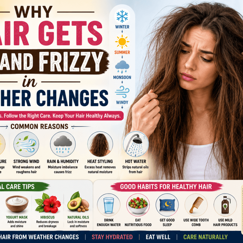 SEO-optimized infographic showing why hair gets dry and frizzy during weather changes, including moisture loss, humidity, heat styling, hot water, and healthy hair care tips like oiling, hydration, balanced nutrition, and gentle cleansing.