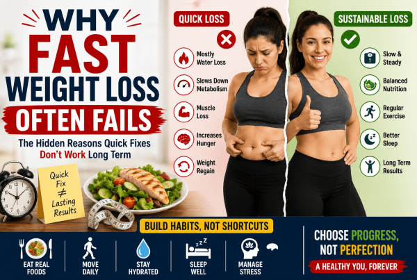 Infographic comparing fast weight loss and sustainable weight loss, highlighting muscle loss, weight regain, metabolism slowdown, healthy eating, exercise, and better sleep.