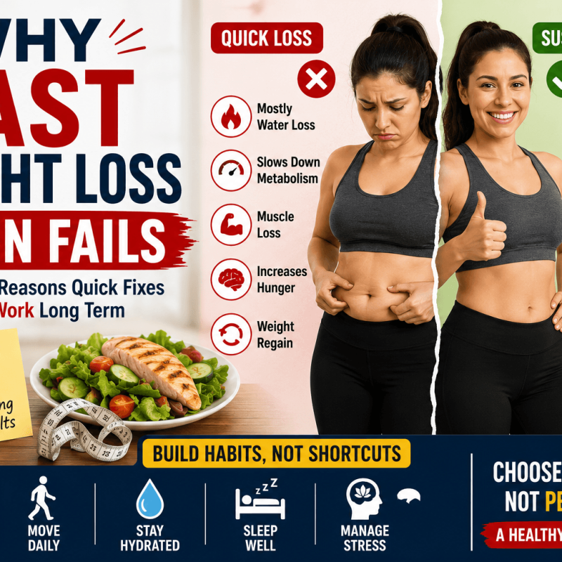Infographic comparing fast weight loss and sustainable weight loss, highlighting muscle loss, weight regain, metabolism slowdown, healthy eating, exercise, and better sleep.