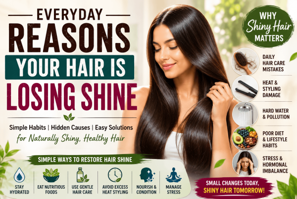 Woman with healthy shiny hair alongside common causes of hair shine loss such as heat styling, hard water, poor diet, stress, and hair care mistakes.