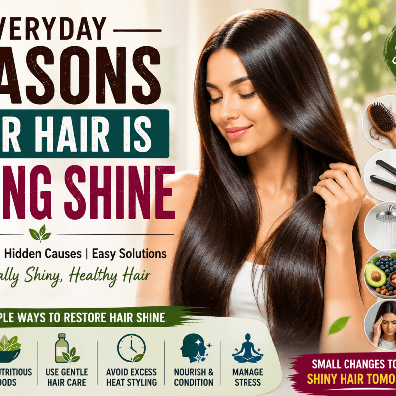 Woman with healthy shiny hair alongside common causes of hair shine loss such as heat styling, hard water, poor diet, stress, and hair care mistakes.