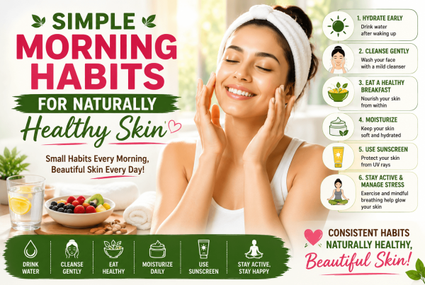 Woman following a healthy skin morning routine with water, nutritious foods, moisturizer, sunscreen, and stress management for naturally glowing skin.
