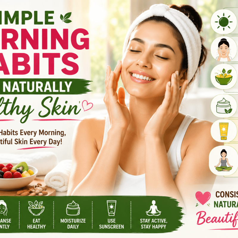 Woman following a healthy skin morning routine with water, nutritious foods, moisturizer, sunscreen, and stress management for naturally glowing skin.