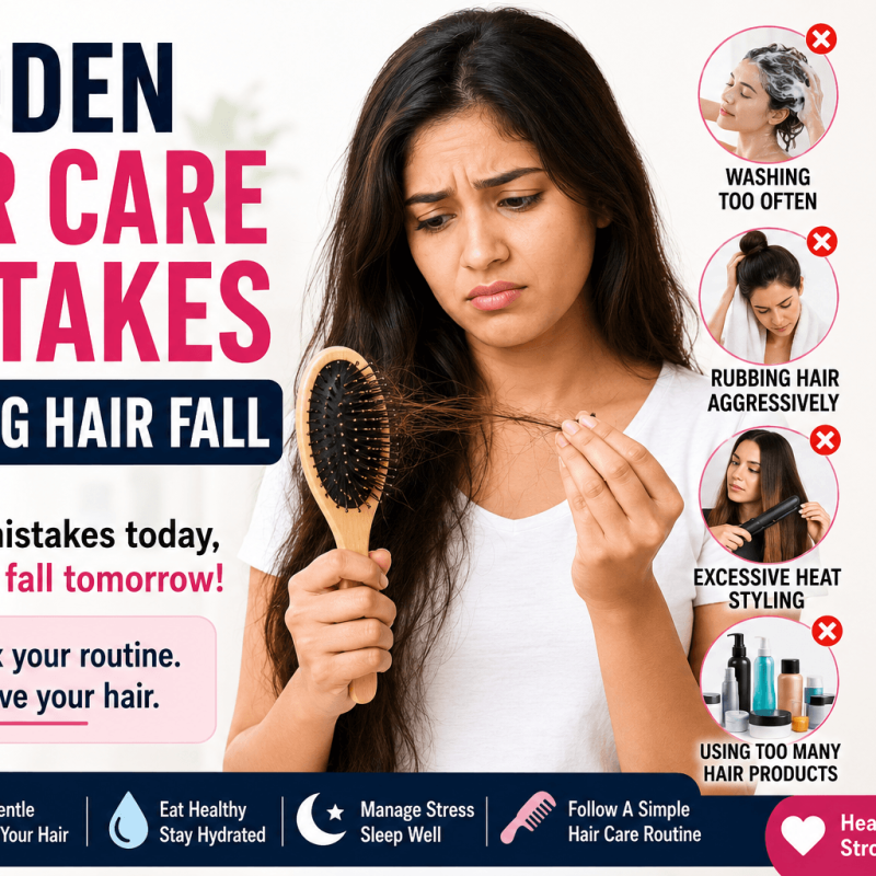 Featured image showing hidden hair care mistakes that cause hair fall such as frequent hair washing hot water use tight hairstyles excessive heat styling poor diet and scalp neglect