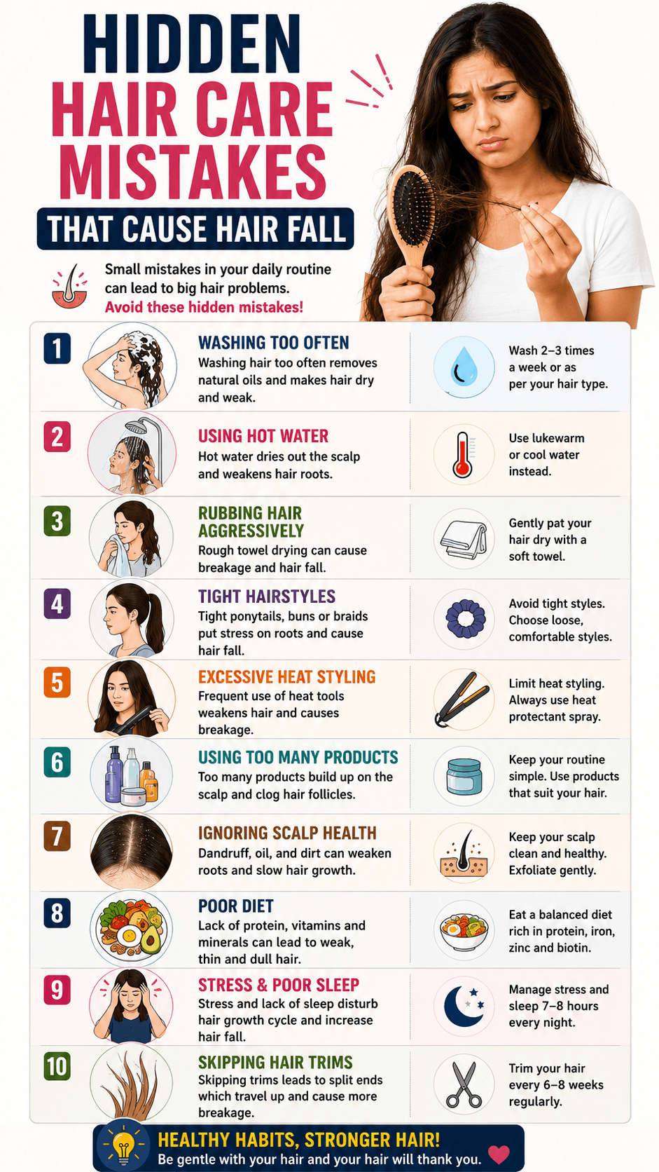 Vertical infographic explaining hidden hair care mistakes that cause hair fall such as frequent washing hot water use rough towel drying tight hairstyles excessive heat styling poor diet stress and scalp neglect