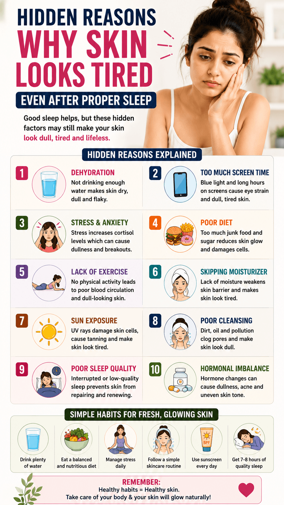 Vertical infographic showing hidden reasons why skin looks tired such as dehydration stress poor diet screen time sun exposure poor cleansing skipped moisturizer and low-quality sleep