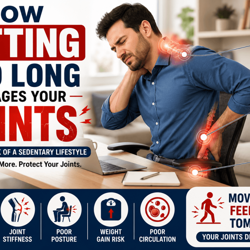 Featured image showing how sitting too long damages joints, highlighting shoulder stiffness, lower back pain, knee discomfort, poor posture, reduced mobility, and joint stiffness.