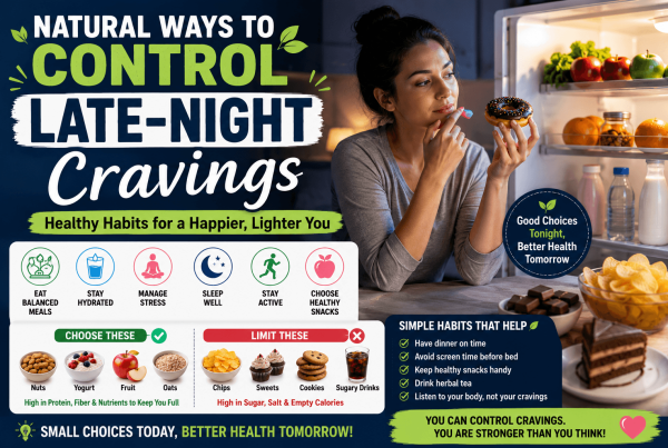 Featured image for Indian readers showing natural ways to control late-night cravings through balanced meals, healthy Indian snacks, hydration, quality sleep, and stress management.