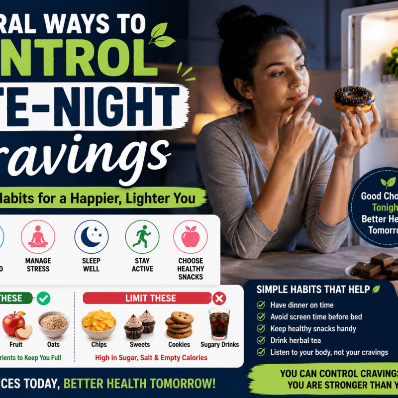 Featured image for Indian readers showing natural ways to control late-night cravings through balanced meals, healthy Indian snacks, hydration, quality sleep, and stress management.