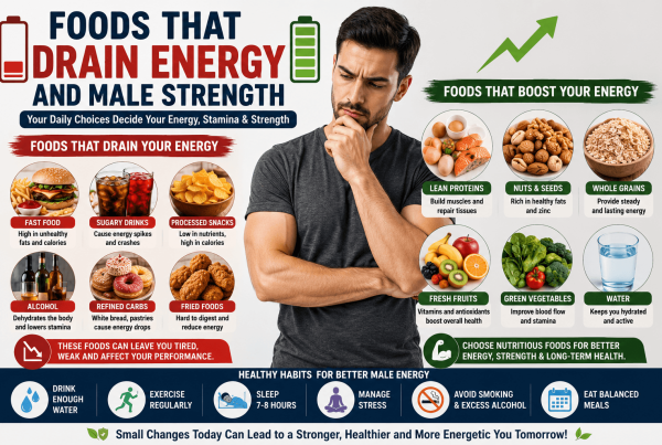 SEO-optimized infographic showing foods that drain male energy and strength, including fast food, sugary drinks, fried foods, processed snacks, refined carbs, and alcohol, alongside energy-supporting foods like protein, fruits, vegetables, whole grains, nuts, seeds, and water.