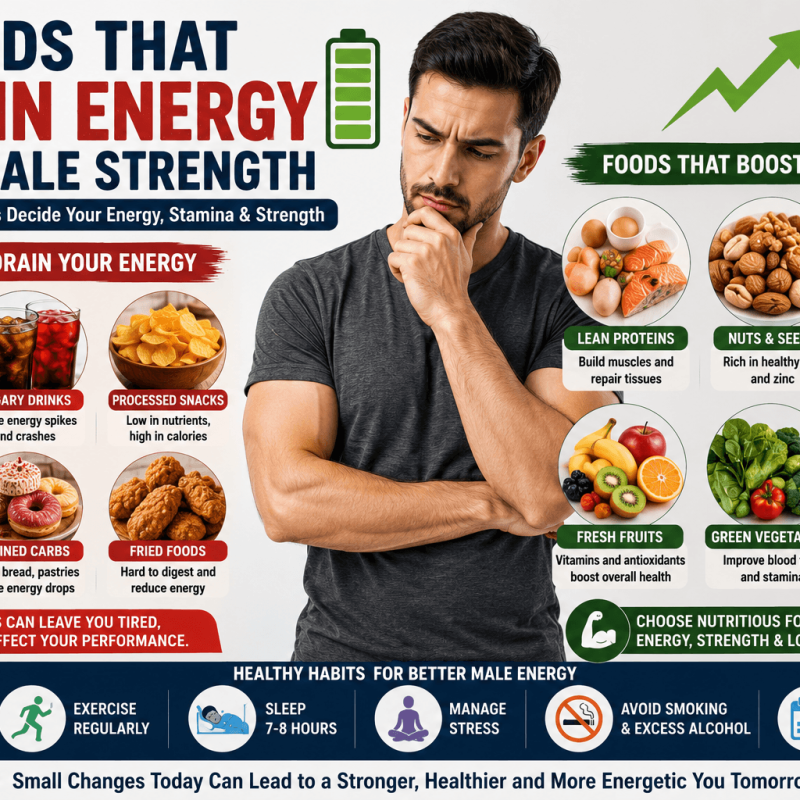 SEO-optimized infographic showing foods that drain male energy and strength, including fast food, sugary drinks, fried foods, processed snacks, refined carbs, and alcohol, alongside energy-supporting foods like protein, fruits, vegetables, whole grains, nuts, seeds, and water.