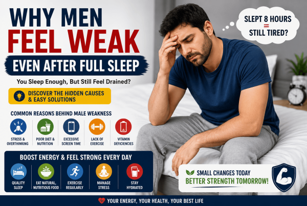 Infographic explaining why men feel weak after full sleep, including stress, poor nutrition, low physical activity, dehydration, poor sleep quality, and vitamin deficiencies.