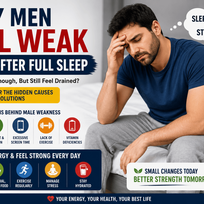 Infographic explaining why men feel weak after full sleep, including stress, poor nutrition, low physical activity, dehydration, poor sleep quality, and vitamin deficiencies.