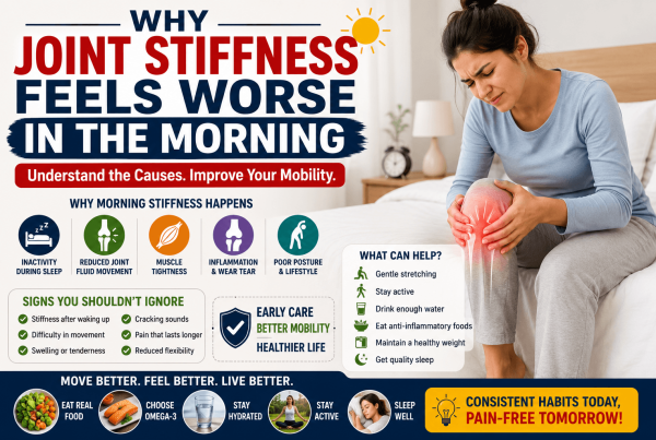 Featured image about morning joint stiffness in India showing knee discomfort after waking up, along with causes such as inactivity, inflammation, muscle tightness, poor posture, and reduced flexibility.