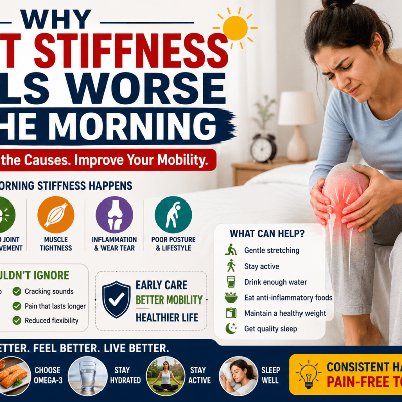 Featured image about morning joint stiffness in India showing knee discomfort after waking up, along with causes such as inactivity, inflammation, muscle tightness, poor posture, and reduced flexibility.