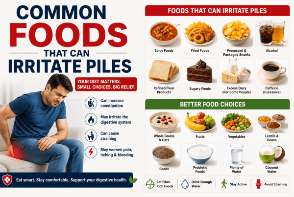 Featured image showing common foods that can irritate piles in India, including spicy curries, fried snacks, processed foods, alcohol, and refined flour products, with healthy dietary alternatives.