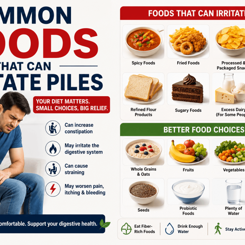 Featured image showing common foods that can irritate piles in India, including spicy curries, fried snacks, processed foods, alcohol, and refined flour products, with healthy dietary alternatives.