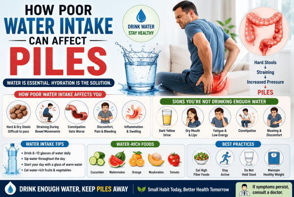 SEO-optimized infographic illustrating how poor water intake affects piles, highlighting dehydration, constipation, hard stools, bowel straining, hydration tips, water-rich fruits, fiber-rich foods, and natural ways to support digestive and rectal health.
