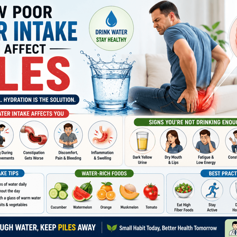 SEO-optimized infographic illustrating how poor water intake affects piles, highlighting dehydration, constipation, hard stools, bowel straining, hydration tips, water-rich fruits, fiber-rich foods, and natural ways to support digestive and rectal health.