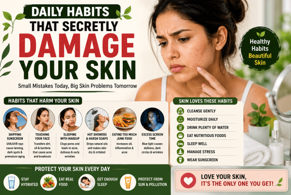 SEO-optimized infographic illustrating daily habits that secretly damage your skin, including UV exposure, poor hydration, unhealthy diet, stress, hot showers, sleeping with makeup, and practical tips for maintaining healthy, radiant skin.