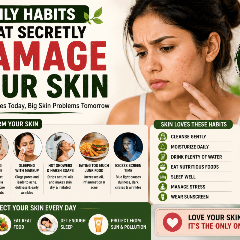 SEO-optimized infographic illustrating daily habits that secretly damage your skin, including UV exposure, poor hydration, unhealthy diet, stress, hot showers, sleeping with makeup, and practical tips for maintaining healthy, radiant skin.