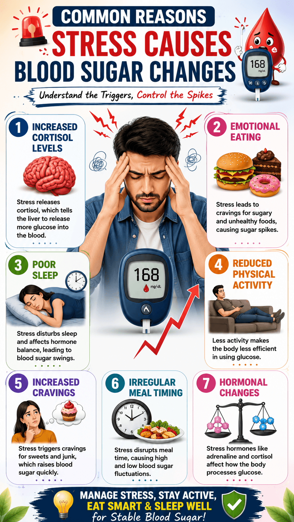 Infographic showing stress-related blood sugar fluctuations in India caused by cortisol, emotional eating, poor sleep, inactivity, irregular meals, and hormone imbalance.