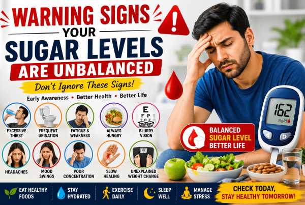 Health infographic explaining warning signs of sugar imbalance including fatigue, constant hunger, excessive thirst, blurry vision, headaches, poor focus, and frequent urination.