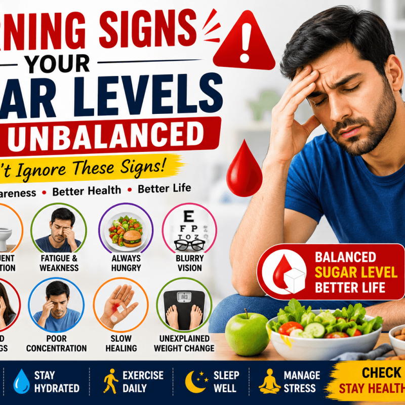 Health infographic explaining warning signs of sugar imbalance including fatigue, constant hunger, excessive thirst, blurry vision, headaches, poor focus, and frequent urination.