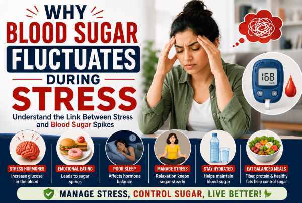 Blood sugar fluctuations during stress in India explained through stress hormones, poor sleep, emotional eating, and diabetes management tips.