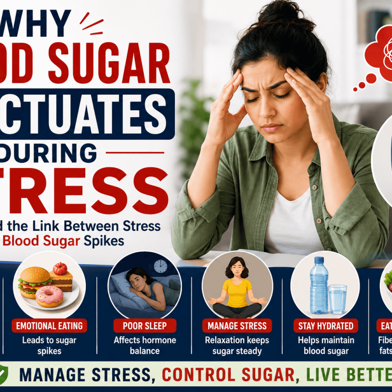 Blood sugar fluctuations during stress in India explained through stress hormones, poor sleep, emotional eating, and diabetes management tips.