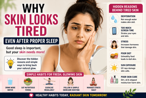 Featured image showing why skin looks tired even after proper sleep including dehydration stress poor diet sun exposure excessive screen time and poor skincare routine