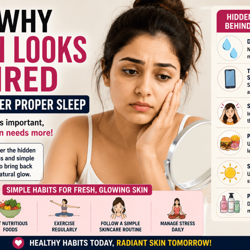 Featured image showing why skin looks tired even after proper sleep including dehydration stress poor diet sun exposure excessive screen time and poor skincare routine