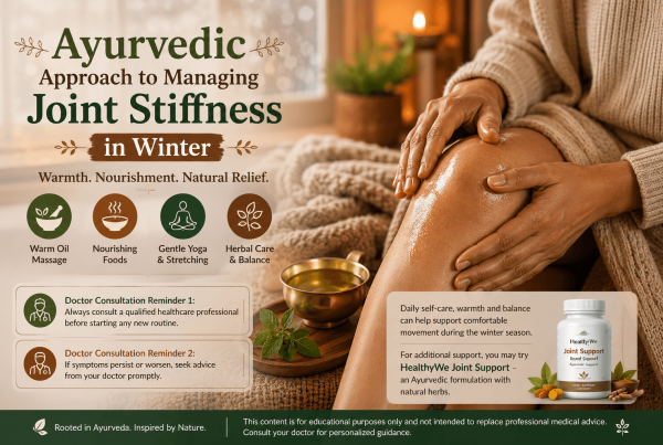 Close-up of hands gently massaging warm oil into a knee beside a brass bowl of oil and a soft blanket in a cosy indoor setting, illustrating an Ayurvedic self-care routine for managing joint stiffness during winter.